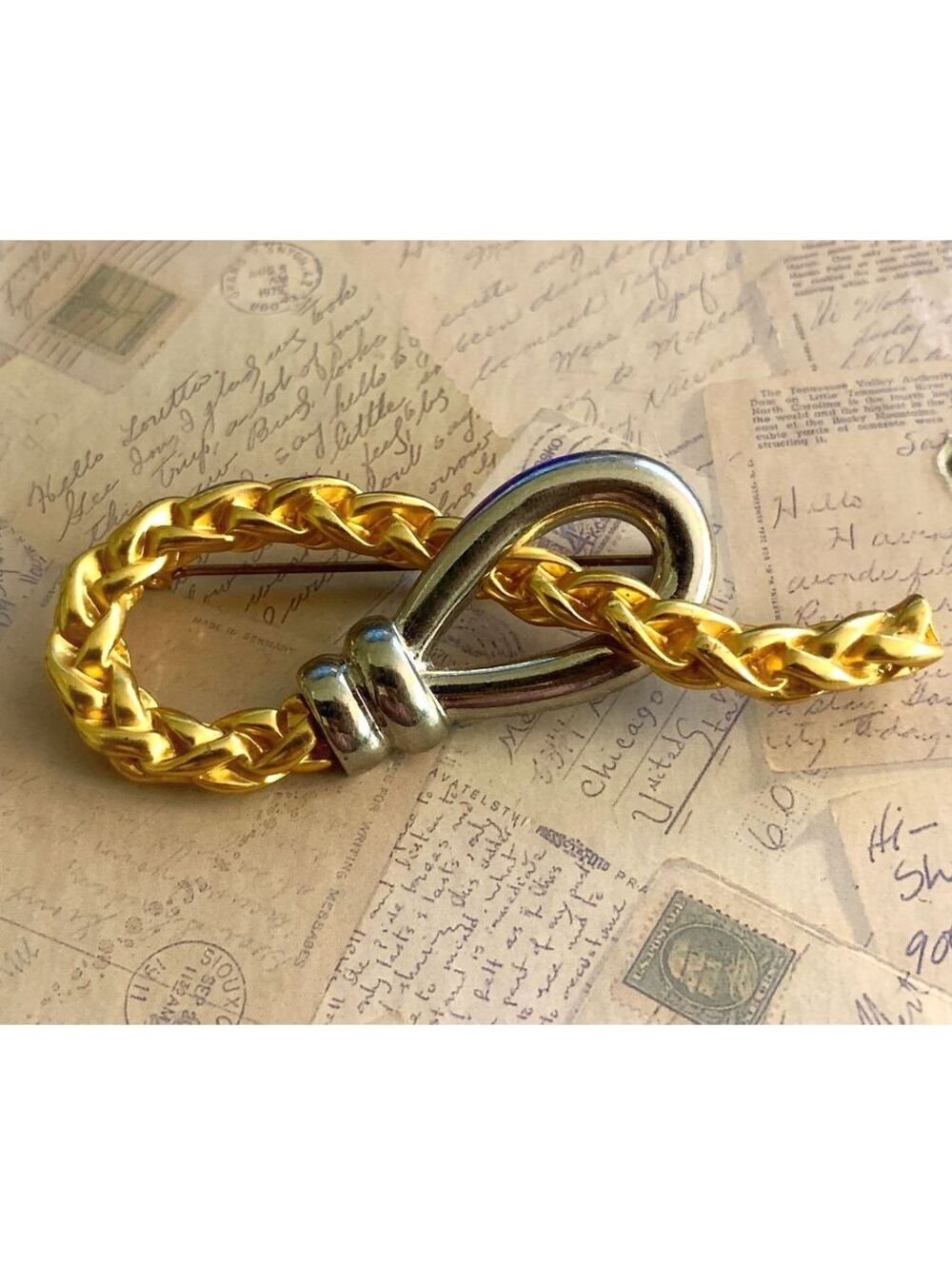 Vintage Oscar de la Renta Two-Tone Gold & Silver Braided Brooch Pin